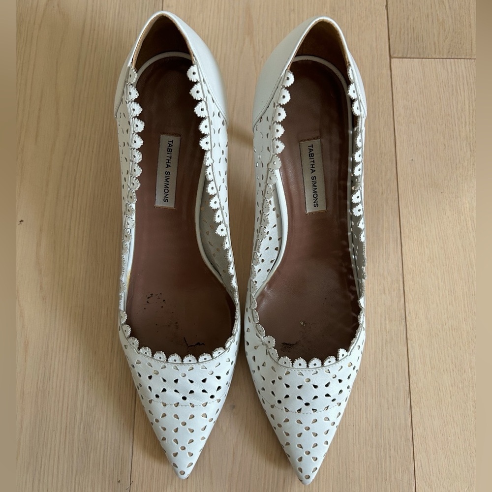 Tabitha Simmons White Perforated Pointed-Toe Heels